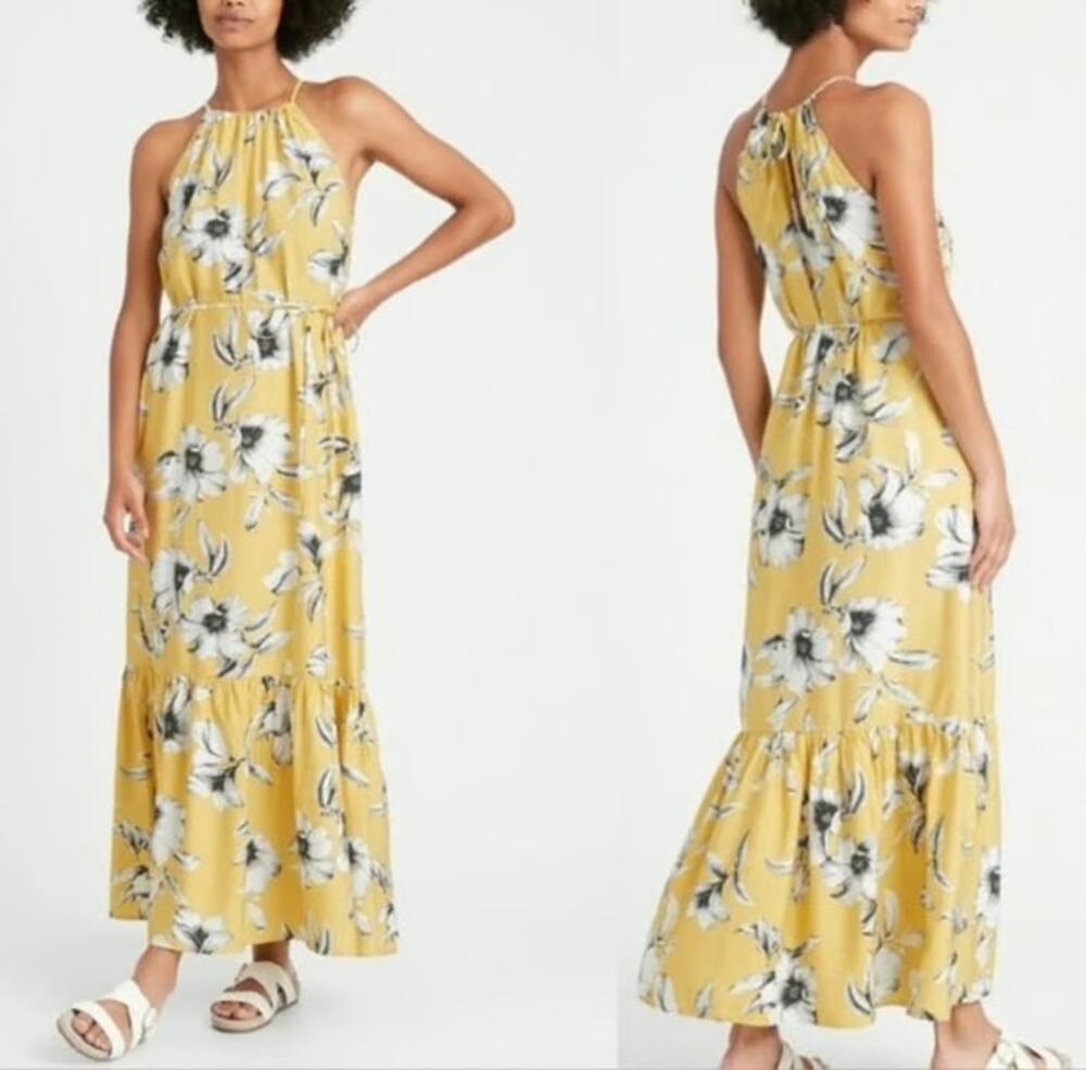 Banana Republic Yellow Floral Sleeveless Halter Maxi Dress Sz.10 Tall
